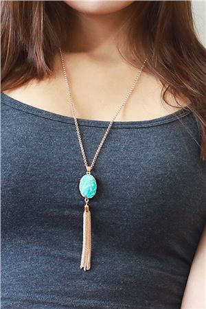 Jamaica Bay Druzy Stone Blue Pendant Tassel Necklace