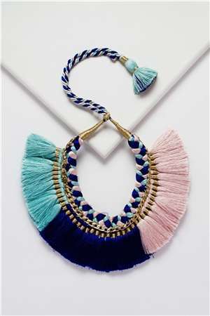 Shaded Blue Pink Braided Thread Tassel Necklace