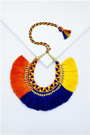 Yellow Blue Orange Braided Thread Tassel Necklace