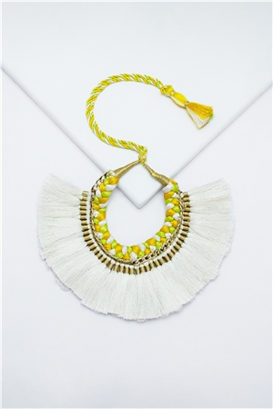 Yellow White Green Braided Tassel Necklace