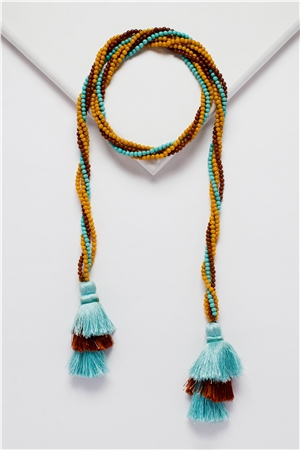 Multi-Way Blue Yellow Orange Tassel Glass Bead Open Necklace