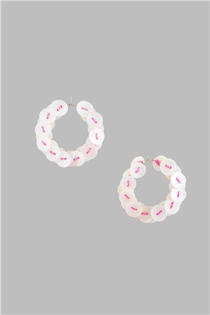 Mother Of Pearl Button Pink Thread Hoop Earrings