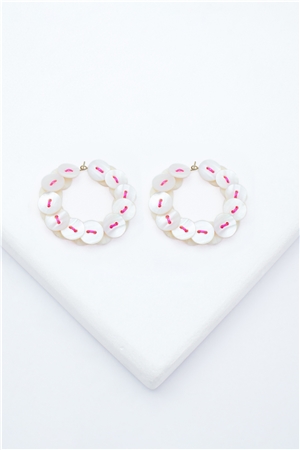 Mother Of Pearl Button Pink Thread Hoop Earrings