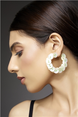 Mother Of Pearl Button Green Thread Hoop Earrings