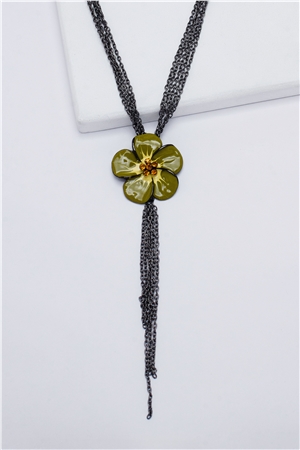 Olive Petal Enamel Pendant Tassel Necklace