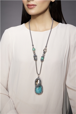 Turquoise Crystal Pendant Long Necklace