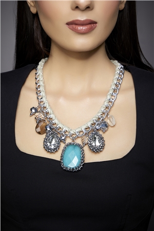 Turquoise Crystal Charms Bib Necklace
