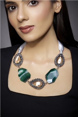Shaded Emerald Agate Crystal Tie Up Bib Necklace