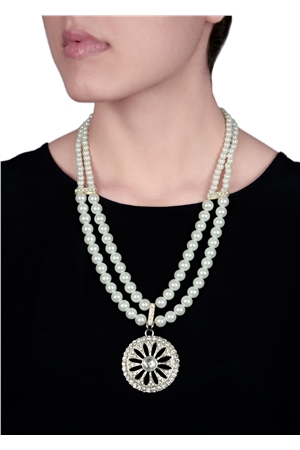 Duo Pearl Strand Diamante Pendant Necklace