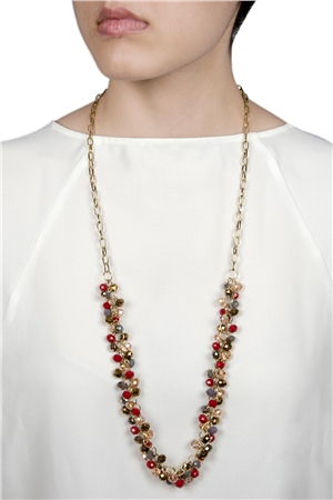 Prohibition Era Red Tone Glass Beads Long Necklace
