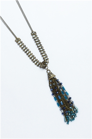 Bianca Tassel Blue Glass Beads Tassel Pendant Necklace
