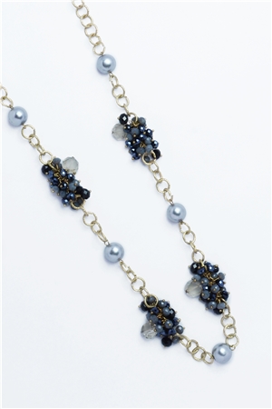 Silver Pearl Glass Beads Gold Link Long Necklace