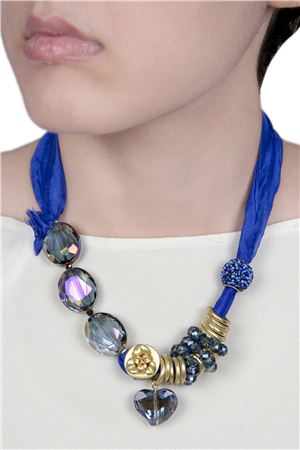 Blue Satin Crystal Tie Up Necklace