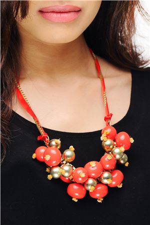 Red Matt Gold Bead And Bauble Chunky Necklace