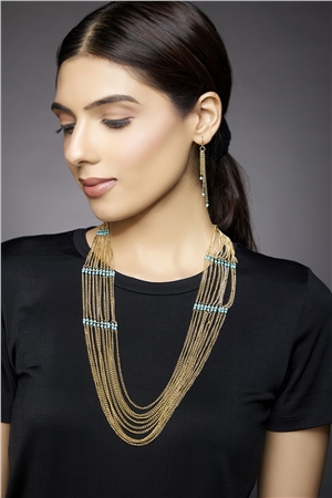 Set Of Turquoise Beaded Gold Chain Necklace And Earrings