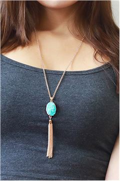 Jamaica Bay Druzy Stone Blue Pendant Tassel Necklace