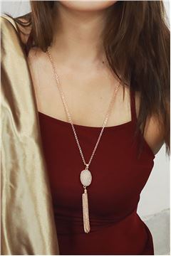 Moonlight Druzy Stone White Pendant Tassel Necklace