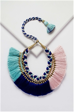 Shaded Blue Pink Braided Thread Tassel Necklace