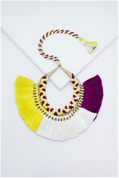 Yellow White Magenta Braided Thread Tassel Necklace