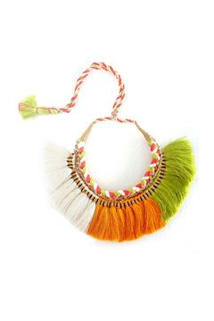 Orange White Green Braided Thread Tassel Necklace