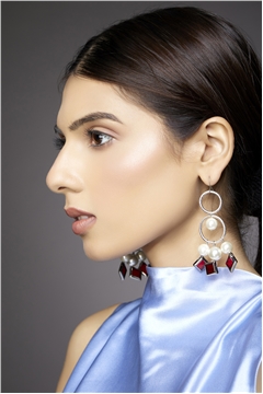 Red Silver Glass Pearl Drop Earrings