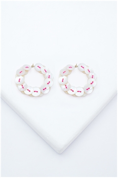 Mother Of Pearl Button Pink Thread Hoop Earrings