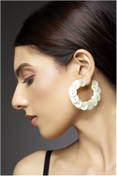 Mother Of Pearl Button Green Thread Hoop Earrings