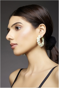 Mother Of Pearl Button Green Thread Hoop Earrings