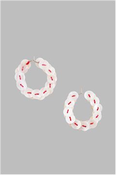 Mother Of Pearl Button Red Thread Hoop Earrings