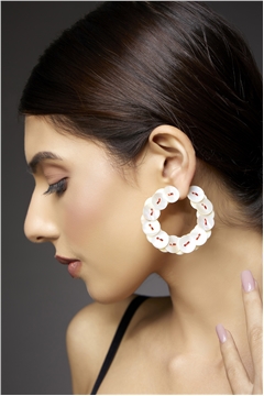 Mother Of Pearl Button Red Thread Hoop Earrings