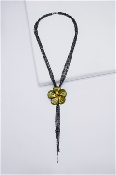 Olive Petal Enamel Pendant Tassel Necklace