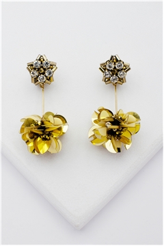Gold Sequin Flower Crystal Dangler Earrings
