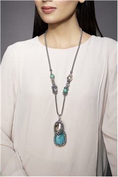 Turquoise Crystal Pendant Long Necklace