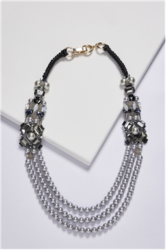 Black Retro Diva Layered Long Crystal Pearl Necklace
