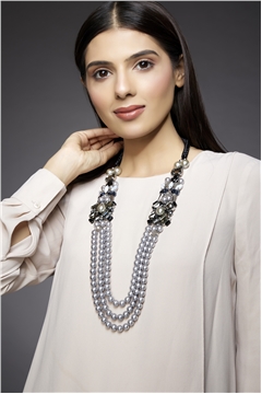Black Retro Diva Layered Long Crystal Pearl Necklace