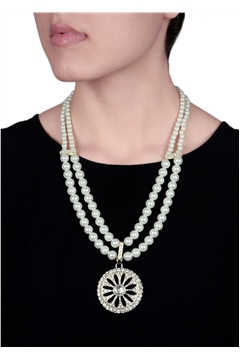Duo Pearl Strand Diamante Pendant Necklace
