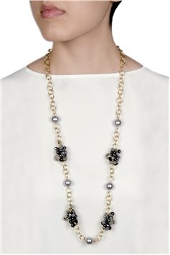 SILVER PEARL GLASS BEADS GOLD LINK LONG NECKLACE