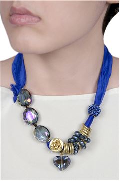 Blue Satin Crystal Tie Up Necklace