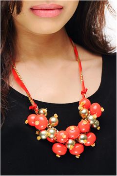 Red Matt Gold Bead and Bauble Chunky Necklace
