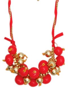 Red Matt Gold Bead and Bauble Chunky Necklace
