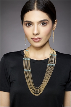 Set of Turquoise Beaded Gold Chain Necklace and Earrings